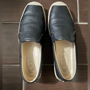 Tod's black Leather Espadrille Flats with Natural Rope Trim